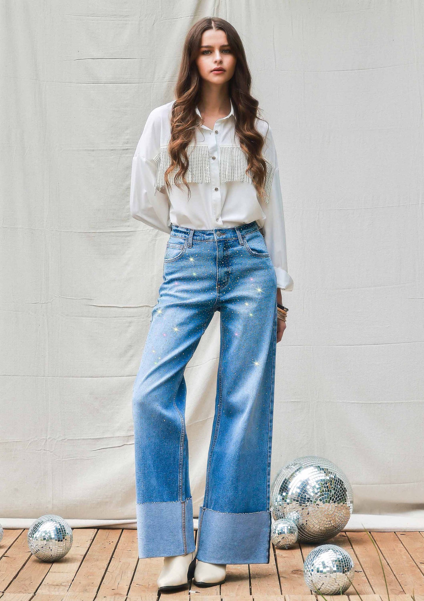 Rhinestone High-Rise Cuff Up Wide Leg Jeans: Medium Stone / 9