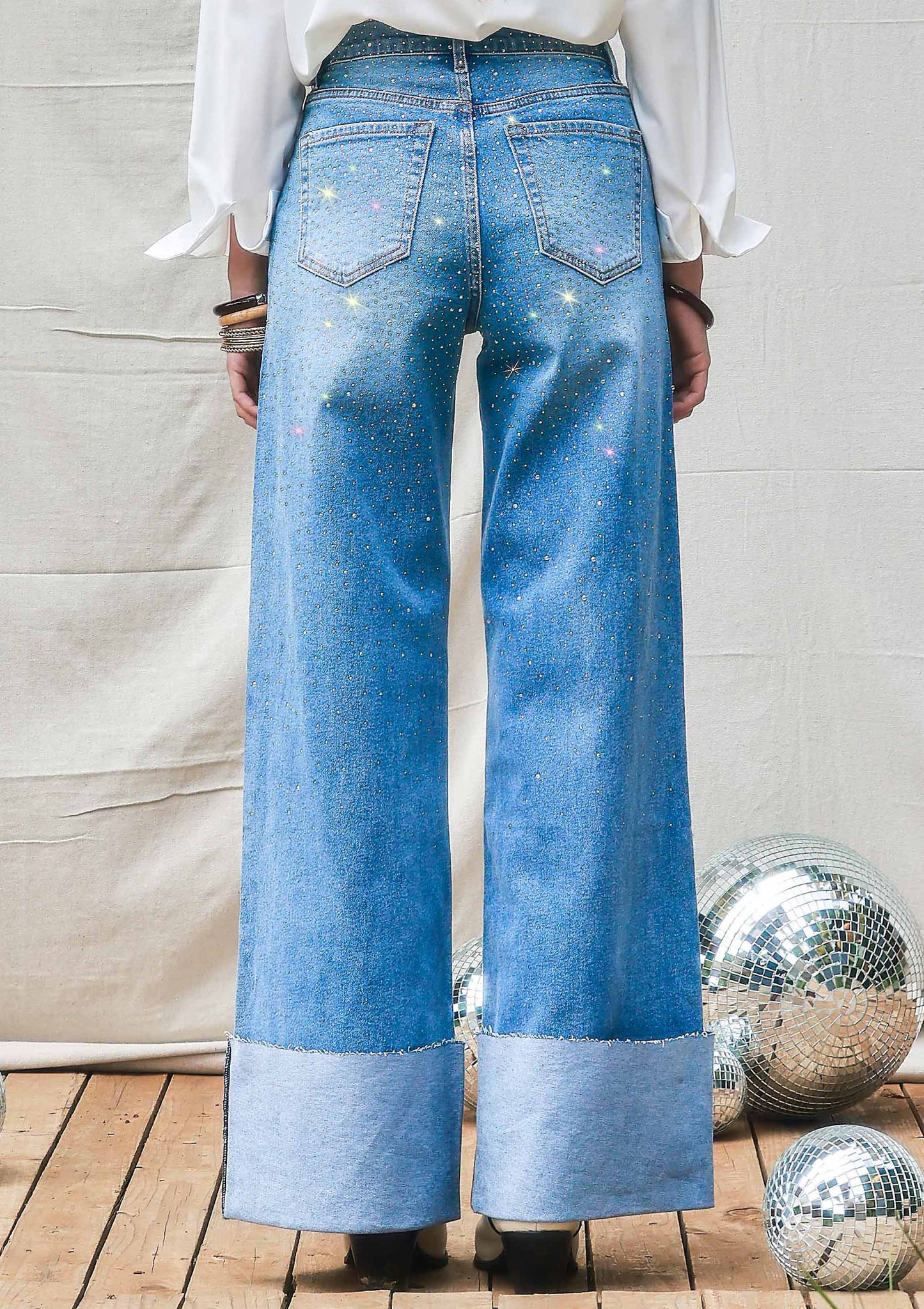 Rhinestone High-Rise Cuff Up Wide Leg Jeans: Medium Stone / 9