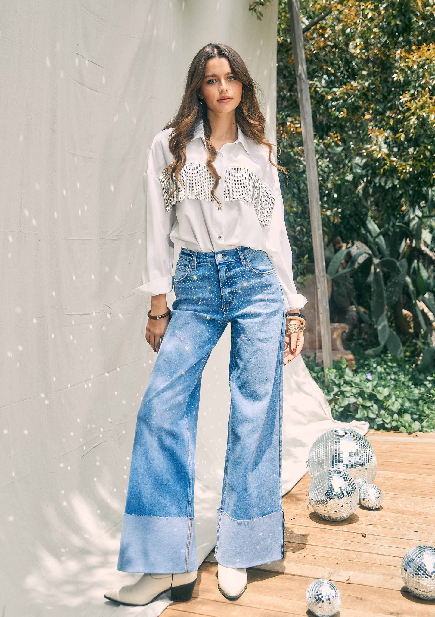 Rhinestone High-Rise Cuff Up Wide Leg Jeans: Medium Stone / 9