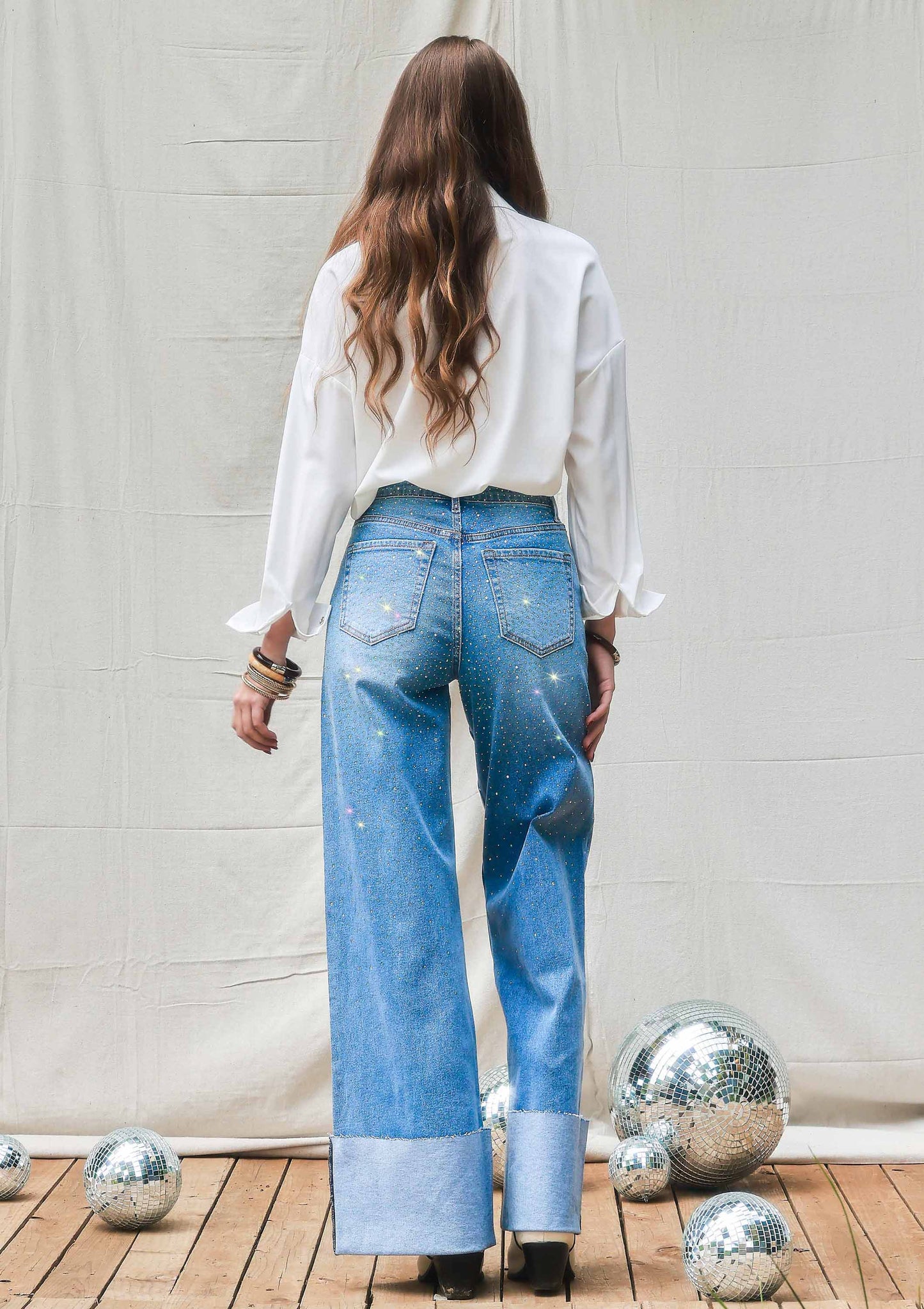 Rhinestone High-Rise Cuff Up Wide Leg Jeans: Medium Stone / 3