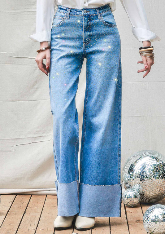 Rhinestone High-Rise Cuff Up Wide Leg Jeans: Medium Stone / 11