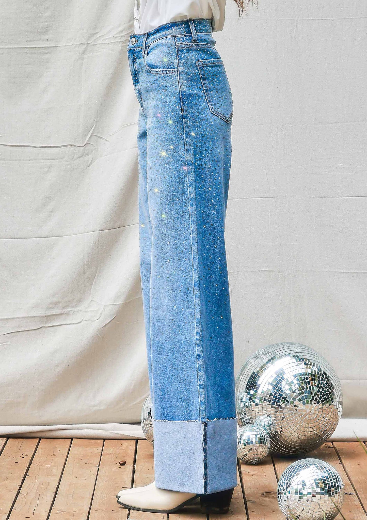 Rhinestone High-Rise Cuff Up Wide Leg Jeans: Medium Stone / 11