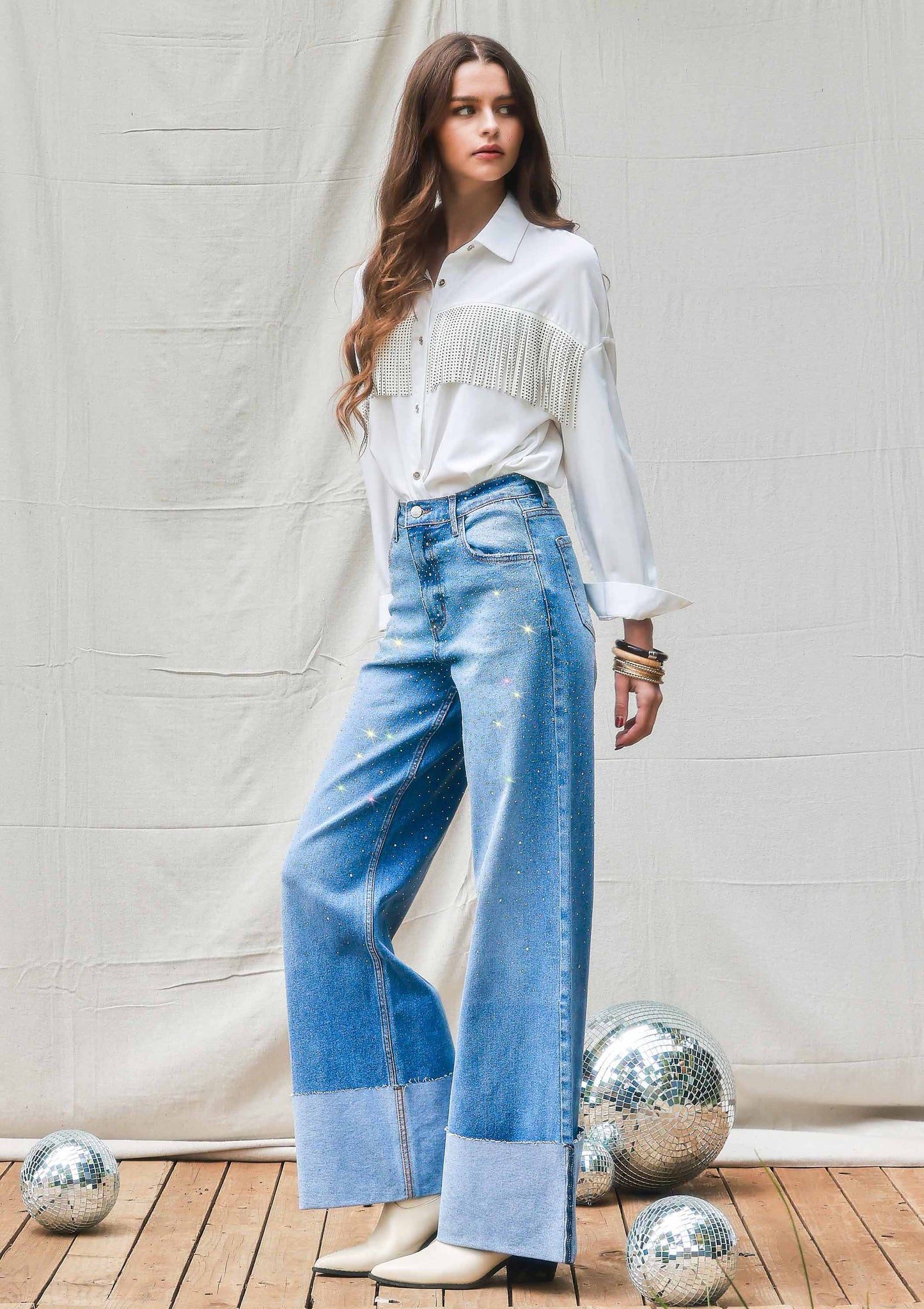 Rhinestone High-Rise Cuff Up Wide Leg Jeans: Medium Stone / 7